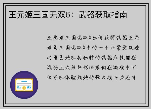 王元姬三国无双6：武器获取指南