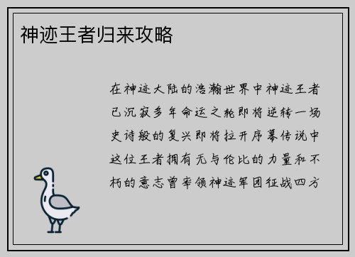 神迹王者归来攻略