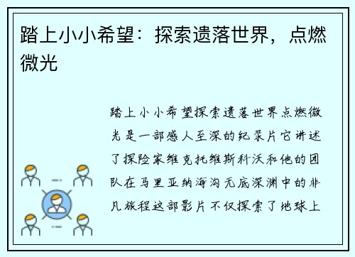踏上小小希望：探索遗落世界，点燃微光